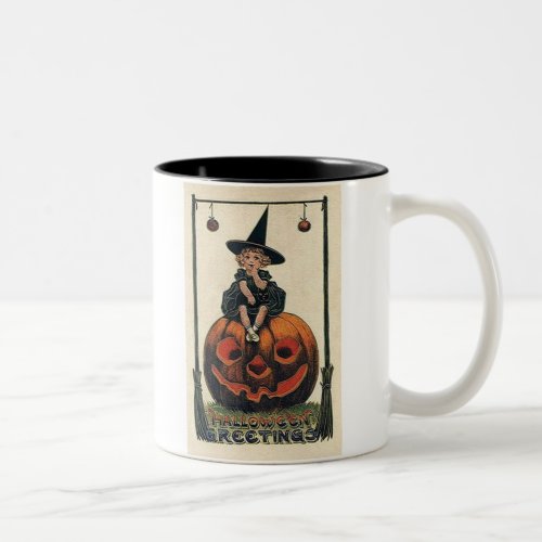 vintage_halloween_little_girl_witch_pumpkin_black_ Two_Tone coffee mug