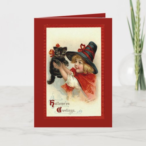 Vintage Halloween Little Witch And Cat Card