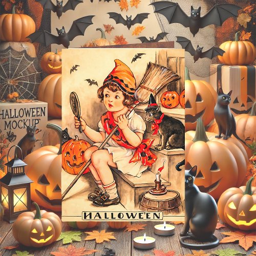 Vintage Halloween Little Witch And Cat Thank You Card