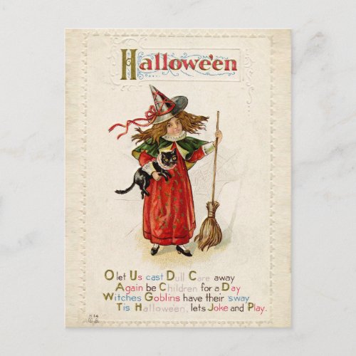 Vintage Halloween Little Witch Girl with a Cat Postcard