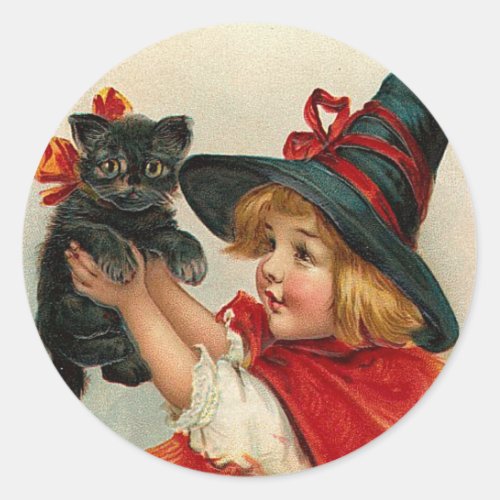 Vintage Halloween Little Witch Holding Black Cat Classic Round Sticker