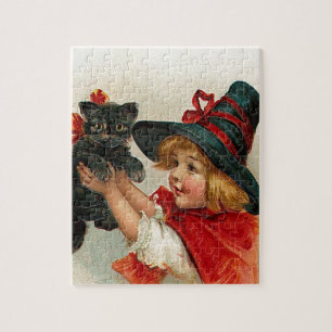 Vintage Halloween Little Witch Holding Black Cat Jigsaw Puzzle