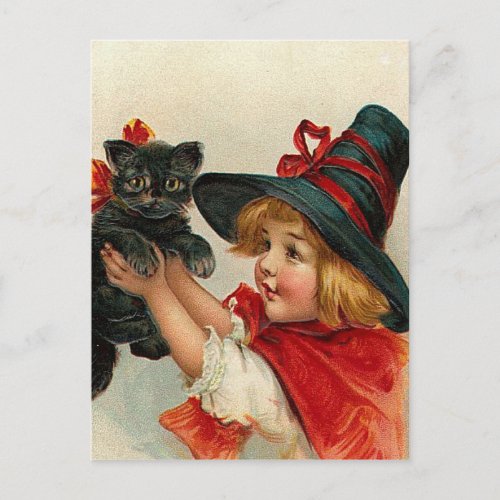 Vintage Halloween Little Witch Holding Black Cat Postcard
