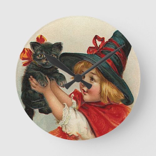 Vintage Halloween Little Witch Holding Black Cat Round Clock