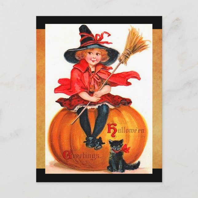 Vintage Halloween Little Witch Postcard (Front)