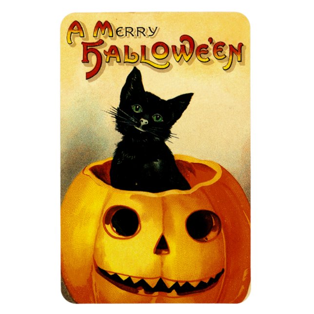 Vintage Halloween Magnet with Black Cat & Pumpkin (Vertical)