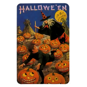 Vintage Halloween Magnet with Witch & Pumpkins