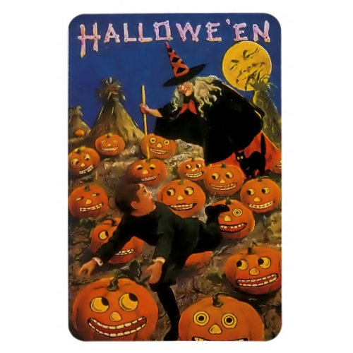 Vintage Halloween Magnet with Witch  Pumpkins
