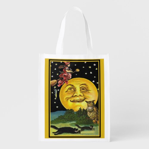 Vintage Halloween Man in the Moon and Witch Grocery Bag