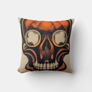 Vintage Halloween Mask Orange Skull Mask Retro Art Throw Pillow