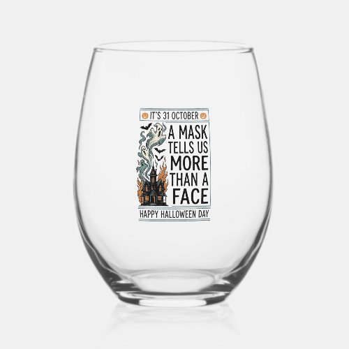 Vintage Halloween Mask Quote Vector Design_1 Stemless Wine Glass