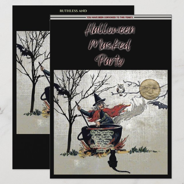 Vintage Halloween Masked Party Witch Cauldron  Invitation (Front/Back)