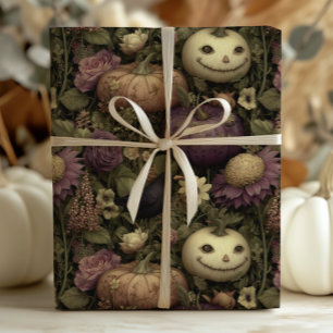 Vintage Halloween Monsters and Pumpkins Black Crow Wrapping Paper