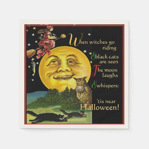 Vintage Halloween Moon Watching Witch with Poem Napkins