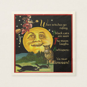 Vintage Halloween Moon Watching Witch with Poem Napkins