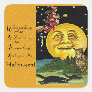 Vintage Halloween Moon, Witch and Owl with Poem Square Sticker