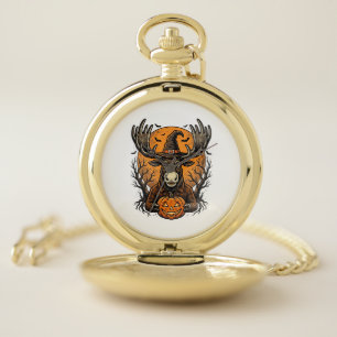 Vintage Halloween Moose Pumpkin Witch Hat Shirt_1 Pocket Watch
