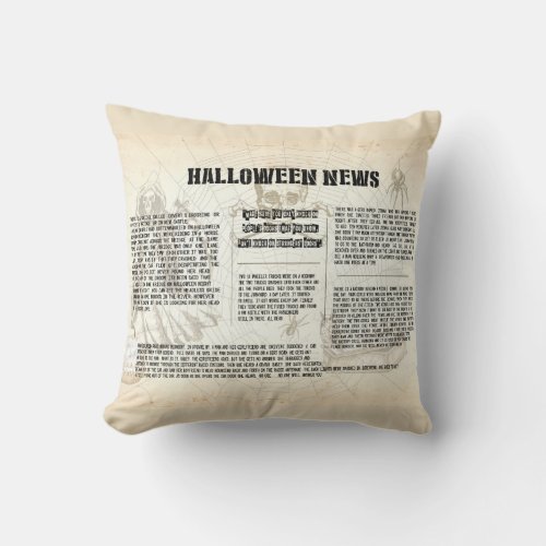 Vintage Halloween Newspaper Throw Pillow