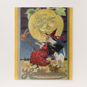 Vintage Halloween Old Witch and Full Moon Jigsaw Puzzle