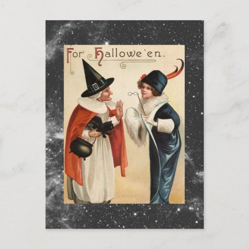 Vintage Halloween Old Witch and Stylish Lady Postcard