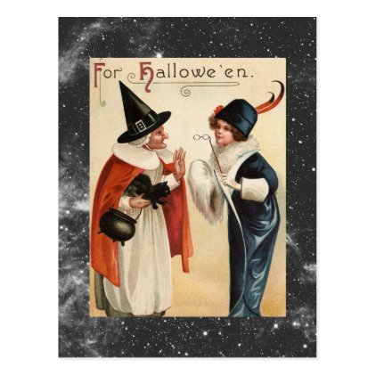 Vintage Halloween Old Witch and Stylish Lady Postcard