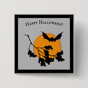 Vintage Halloween Orange Moon Flying Bats Button