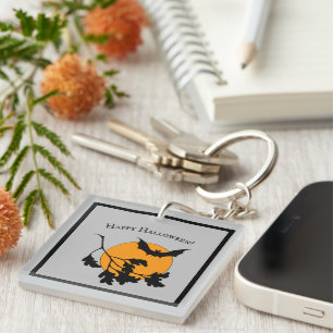 Vintage Halloween Orange Moon Flying Bats Keychain
