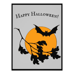 Vintage Halloween Orange Moon Flying Bats Photo Print