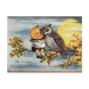 Vintage Halloween Owl Moon Pumpkin Postcard