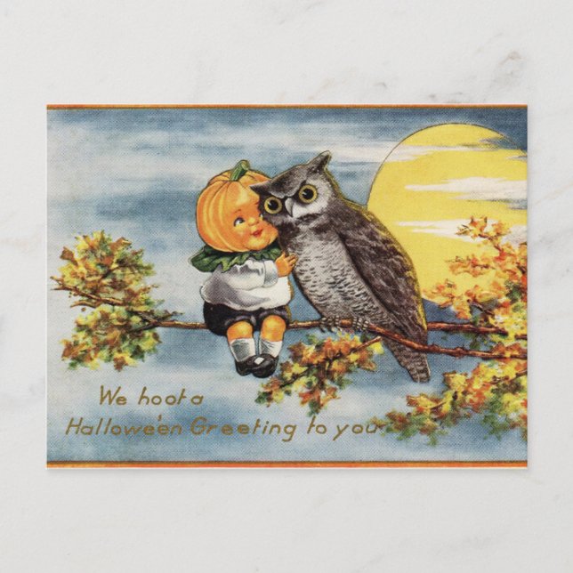 Vintage Halloween Owl Moon Pumpkin Postcard (Front)