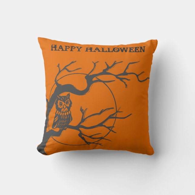 Vintage Halloween Owl Throw Pillow (Front)