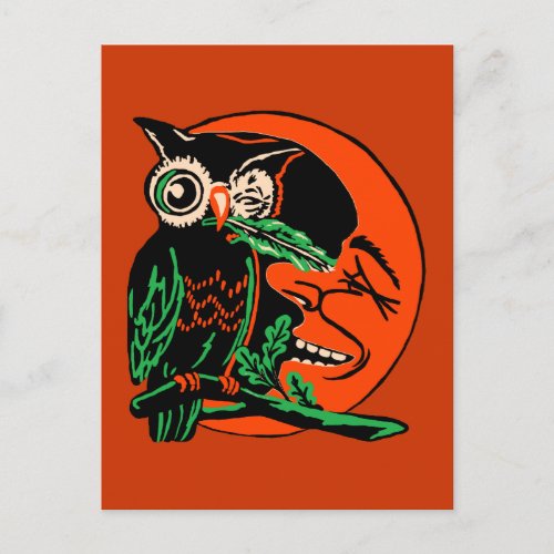 Vintage Halloween Owl Tickling the Moon Postcard