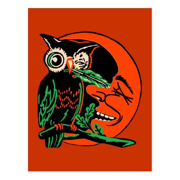 Vintage Halloween Owl Tickling The Moon Postcard