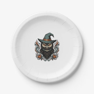 Vintage Halloween Owl Witch Hat Vector Design_1 Paper Plates