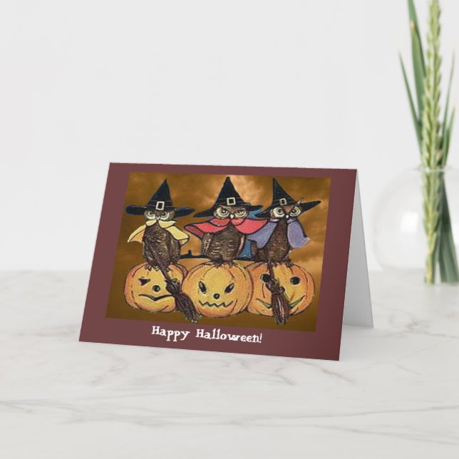 Vintage Halloween Owls and Jack o' Lanterns Card (Front)