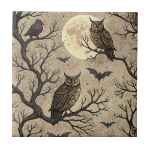 Vintage Halloween Owls & Moon Ceramic Tile