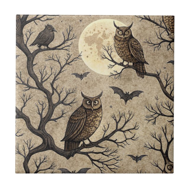 Vintage Halloween Owls & Moon Ceramic Tile (Front)