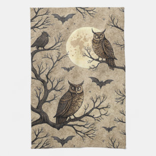 Vintage Halloween Owls & Moon Kitchen Towel