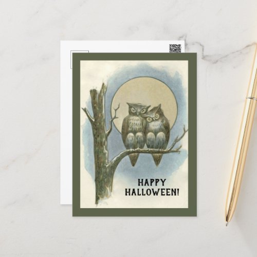 Vintage Halloween Pair of Owls Sitting Night Moon Postcard
