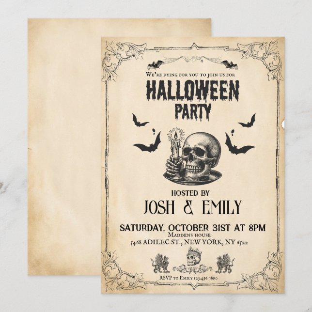 Vintage Halloween Party Adult Skull Invitation (Front/Back)