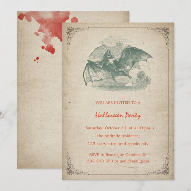 Vintage Halloween Party Bat Blood Splatter Simple Invitation (Front/Back)