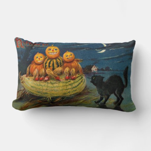 Vintage Halloween Party Black Cat Lumbar Pillow