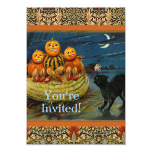 Vintage Halloween Party Black Cat Scary Pumpkins Card