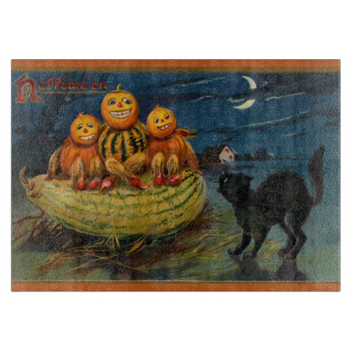 Vintage Halloween Party Black Cat Scary Pumpkins Cutting Board