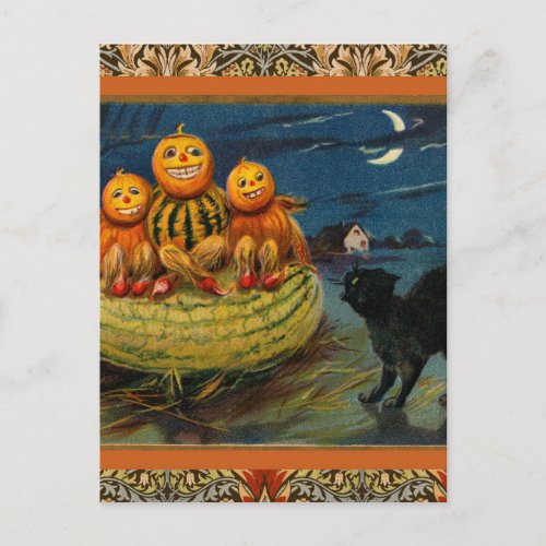 Vintage Halloween Party Black Cat Scary Pumpkins Invitation Postcard