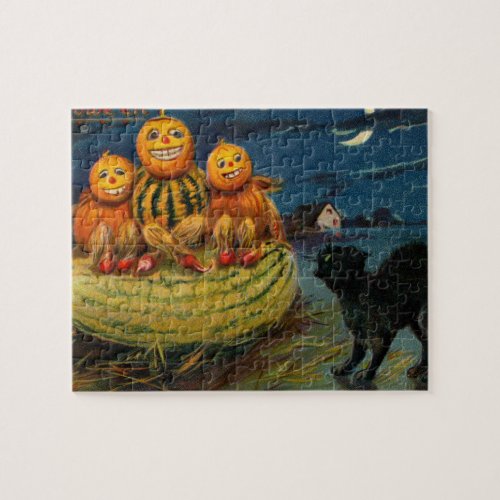 Vintage Halloween Party Black Cat Scary Pumpkins Jigsaw Puzzle