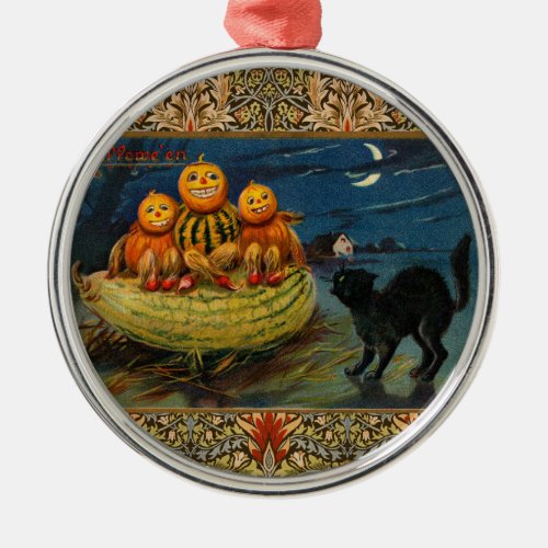 Vintage Halloween Party Black Cat Scary Pumpkins Metal Ornament