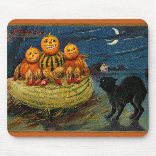 Vintage Halloween Party Black Cat Scary Pumpkins Mouse Pad