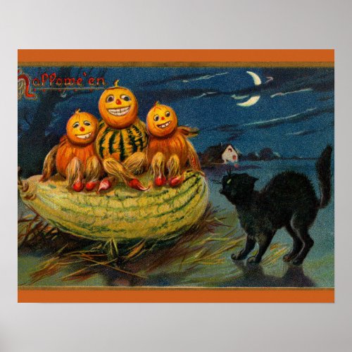 Vintage Halloween Party Black Cat Scary Pumpkins Poster