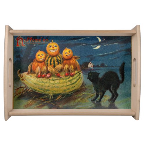 Vintage Halloween Party Black Cat Scary Pumpkins Serving Tray